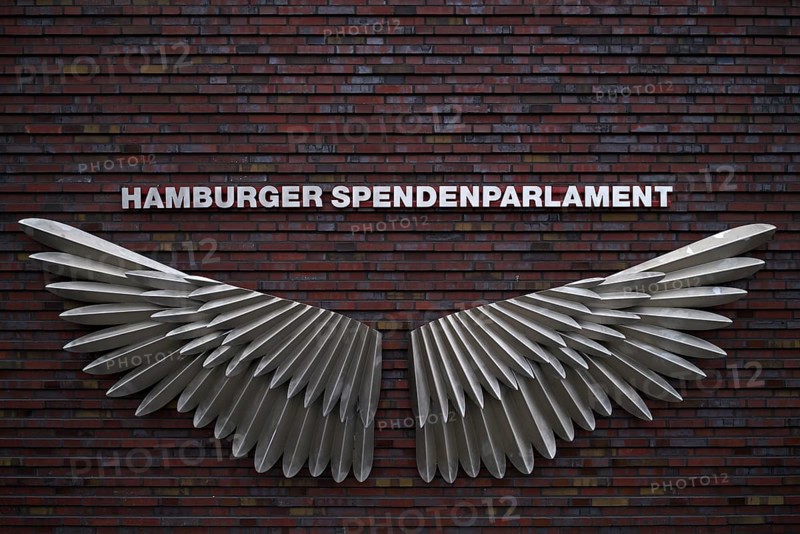 Exterior photo logo, wing, swing, Hamburg donation parliament, lettering, façade, warehouses, brick buildings, Hamburg Speicherstadt, Hafencity, Free and Hanseatic City of Hamburg, Germany