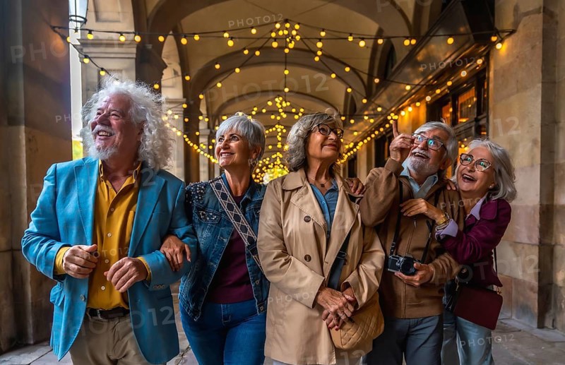 Diverse group of smiling senior friends enjoying a tour of an illuminated european city, looking up and pointing at sights while walking together under string lights