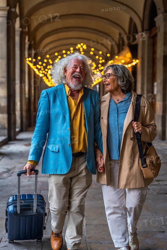 Happy senior couple walking hand in hand through a european arcade, laughing and pulling a suitcase together on a joyful city break, relaxed and carefree in retirement