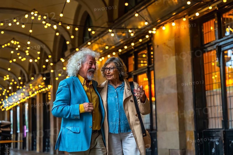 Senior couple walking arm in arm under string lights, happily talking while enjoying an evening out in the city, representing love, companionship, and a vibrant active lifestyle in retirement