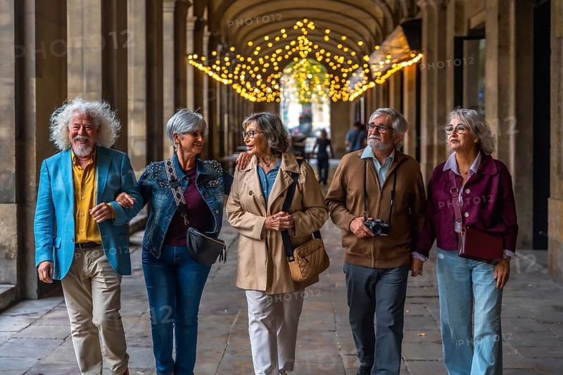 Group of five senior friends walking together arm in arm under an ornate archway with decorative lights, sharing conversation and exploring the city during their trip