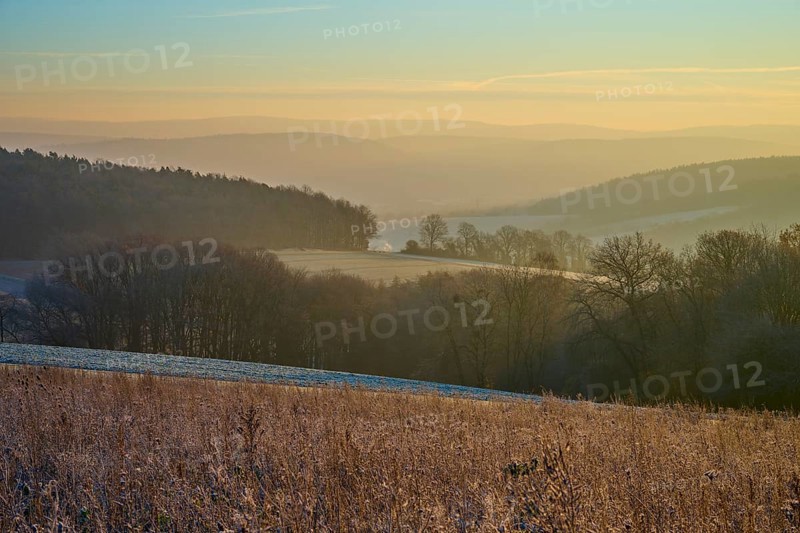 Frozen meadow in morning light with a foggy valley and rolling hills in the background, Seckmauern, Lützelbach, Maintal, Odenwald, Hesse, Germany