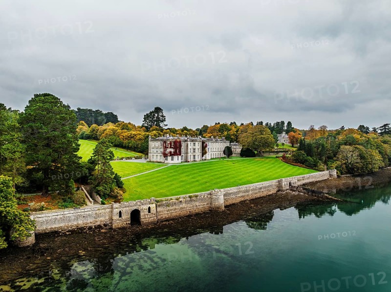 Autumn over Plas Newydd House from a drone, Gardens and Parkland, Llanfairpwllgwyngyll, Anglesey, Wales, UK