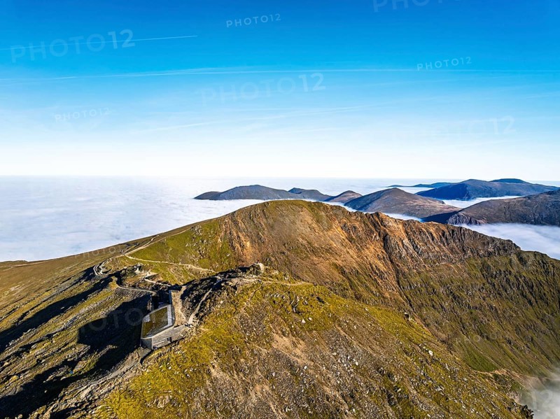 Snowdon and Snowdon Massif from a drone, Snowdon Range, Snowdonia, North Wales, UK