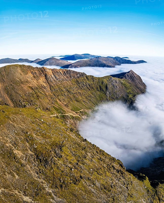 Snowdon Massif from a drone, Snowdon Range, Snowdonia, North Wales, UK