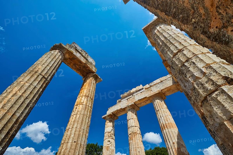 View of ancient ruins and columns in Greece, Nemea, Ancient Zeus Church, Archaeological Site, Peloponnese, Greece
