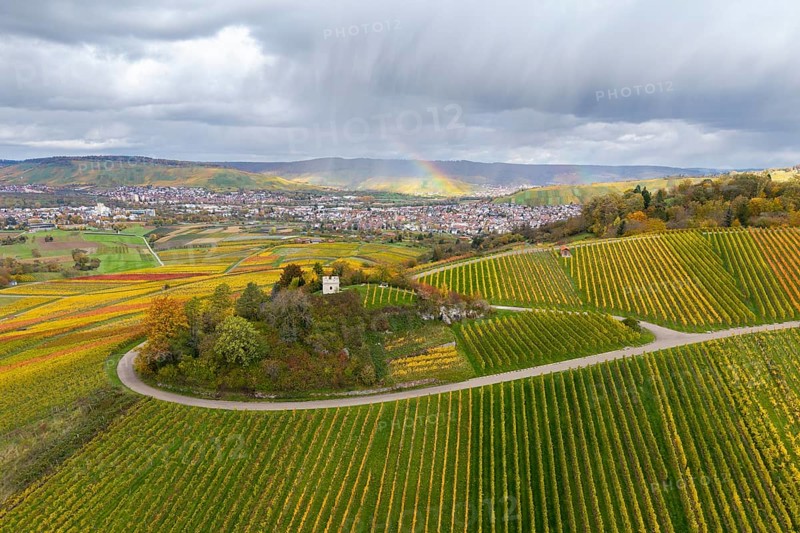 Autumn vineyards with a rainbow over the hills and trails in between, autumn, Schützenhüttle-Donkey, near Strümpfelbach im Remstal, Rems-Murr-Kreis, Baden-Württemberg, Germany
