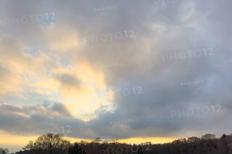 Sky over forest edge at dusk with left clouds Cumulus fractus right gray Stratocumulus, international