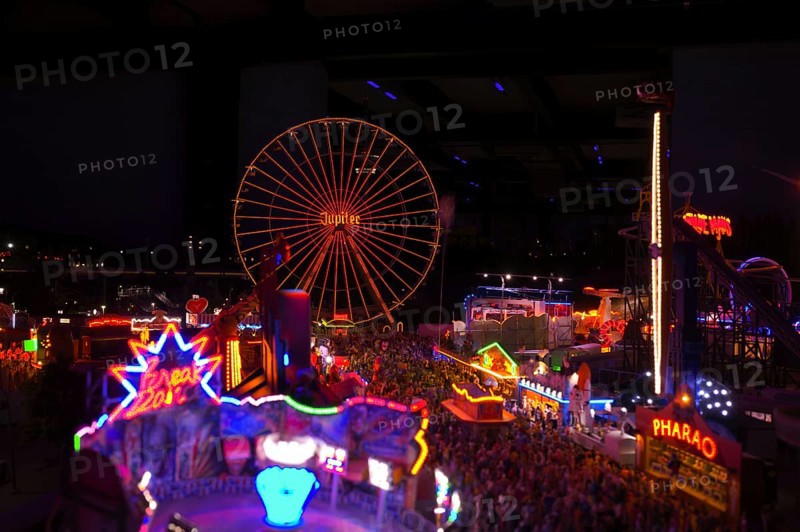 Interior view, night view, replica of a funfair, Ferris wheel, folk festival, rides, miniature picture, Miniature Wonderland, Free and Hanseatic City of Hamburg, Germany