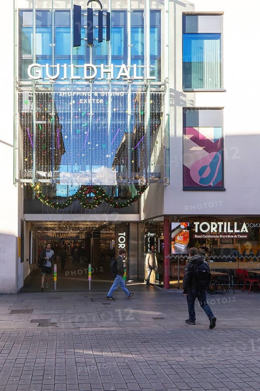 Shoppers at Guildhall shopping centre mall in city centre, Exeter, Devon, England, UK