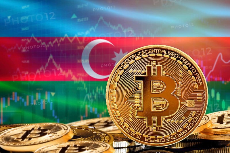 Investors in cryptocurrency and Blockchain Technology in Azerbaijan, Concept. Bitcoin with Azerbaijan flag in the background