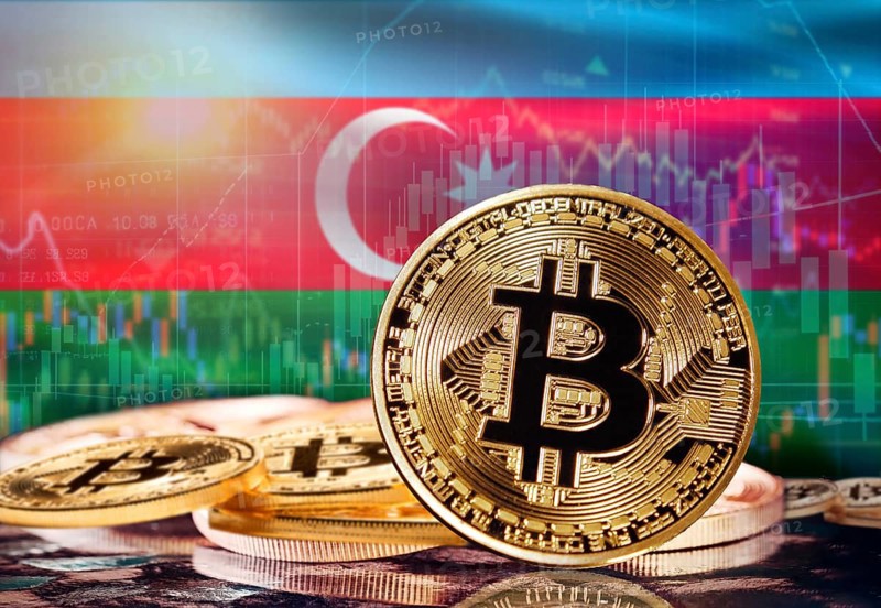 Bitcoin with Azerbaijan flag in the background. Investors in cryptocurrency and Blockchain Technology in Azerbaijan, Concept