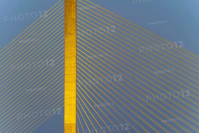 The illuminated Rama VIII Bridge, a cable-stayed bridge across Mae Nam Chao Praya, Bangkok, Thailand