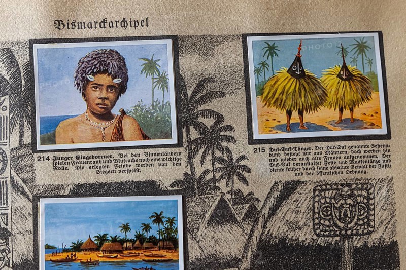 German colonies. Bismarck archipelago. Young native. According to the caption, robbery of woman and blood vengeance still play an important role. The defeated enemies would be eaten by the victors. Symbolic photo of Canibalism. An anthology published by Cigaretten-Bilderdienst Dresden from 1936. Germany