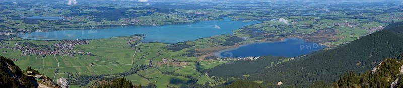 Panorama from Tegelberg, 1881m, on Schwangau, Waltenhofen, Hopfensee, Forggensee and Bannwaldsee, Ostallgäu, Bavaria, Germany