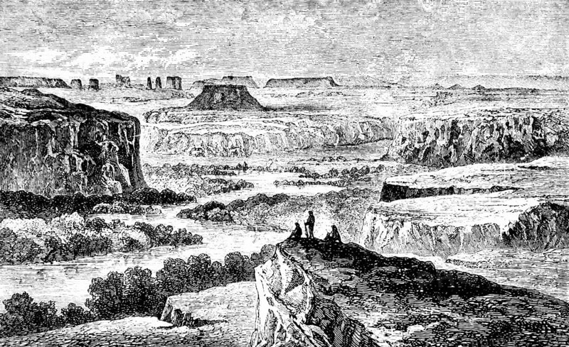 Erosion valley in the Colorado River area, Grand Canyon, Table Mountain, geology, arid region, alien river, North America, travel, historical illustration around 1900