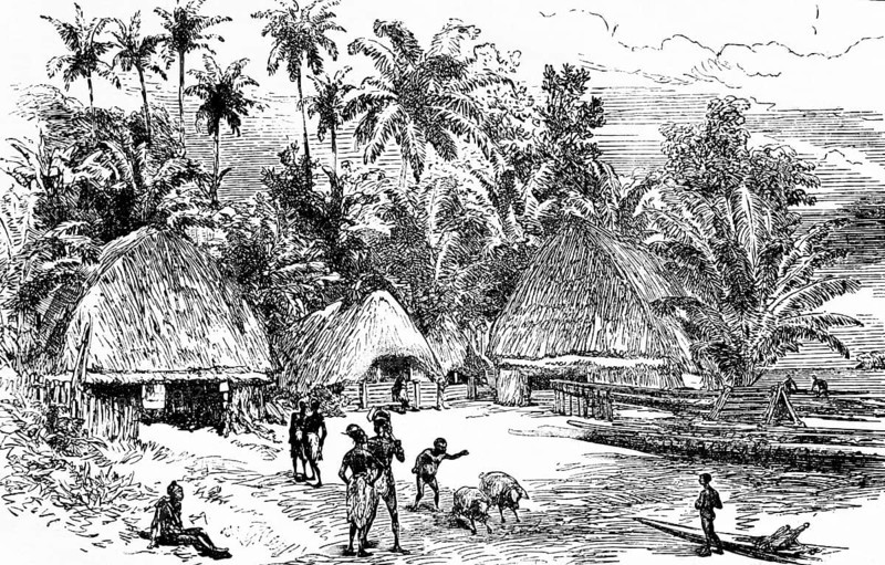 Village on the Admiral Islands in the Bismarck Archipelago, Pacific Ocean, Manus, inner tropics, tropical climate, tropical rainforest, palm trees, straw houses, indigenous population, shore, wooden boats, animals, rising sea levels, global warming, danger, travel, historical illustration around 1900