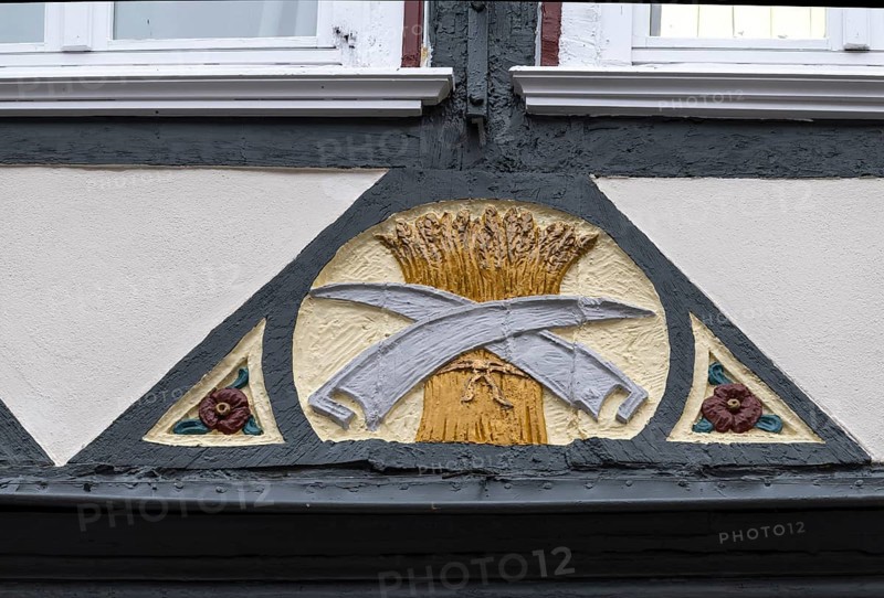 Decoration on half-timbered house, Barfüsserstraße, Marburg, Hesse, Germany
