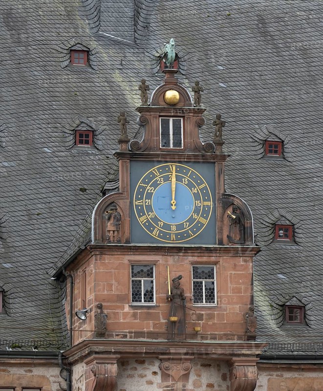 Clock with rooster at the town hall, Marburg, Hesse, Germany