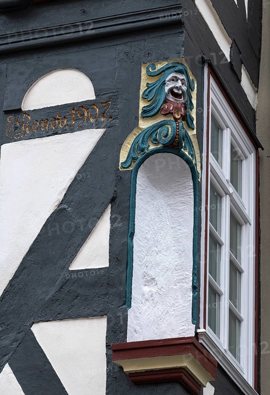 Decoration on half-timbered house, Barfüsserstraße, Marburg, Hesse, Germany