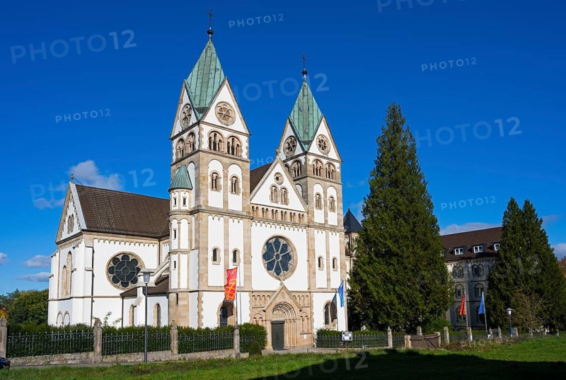 Impressive church with double towers against a blue sky and surrounded by trees, Bonifatiuskloster, Hünfeld, Konrad-Zuse-Stadt, Hesse, Germany