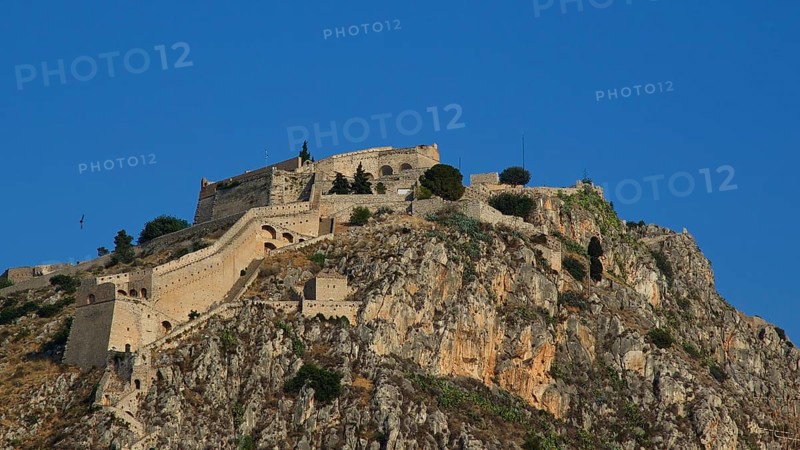 Palamidi fortress, stone castle on a high rock with a clear view of the sky, Nauplion, Nafplion, Peloponnese, Greece