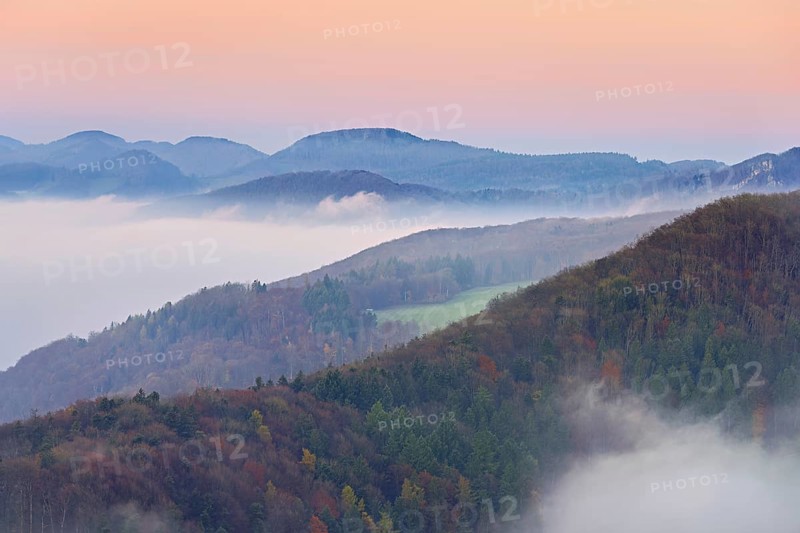View from the Gisliflue of the Jura foothills covered in fog, in the light of dawn, Talheim, Canton, Aargau, Switzerland