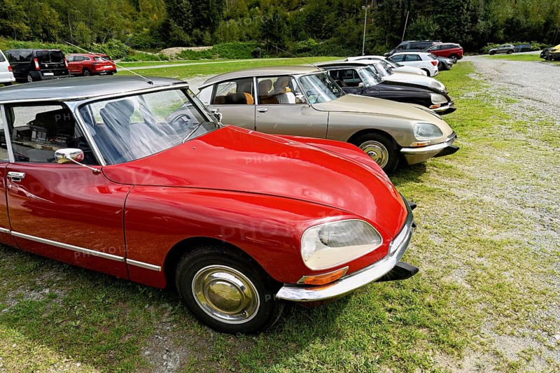 A group of parked vintage Citroën DS cars, classics with aerodynamic design, Chamonix-Mont-Blanc, Haute-Savoie, France