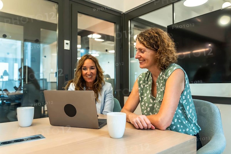 Two smiling professional women collaborating during a business meeting, actively engaged with a laptop in a contemporary coworking office environment, reflecting teamwork and happy colleagues