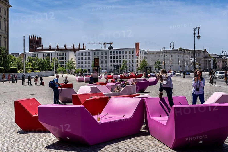 Plastic seating elements in front of the Humboldt Forum and the Lustgarten, Berlin, Germany