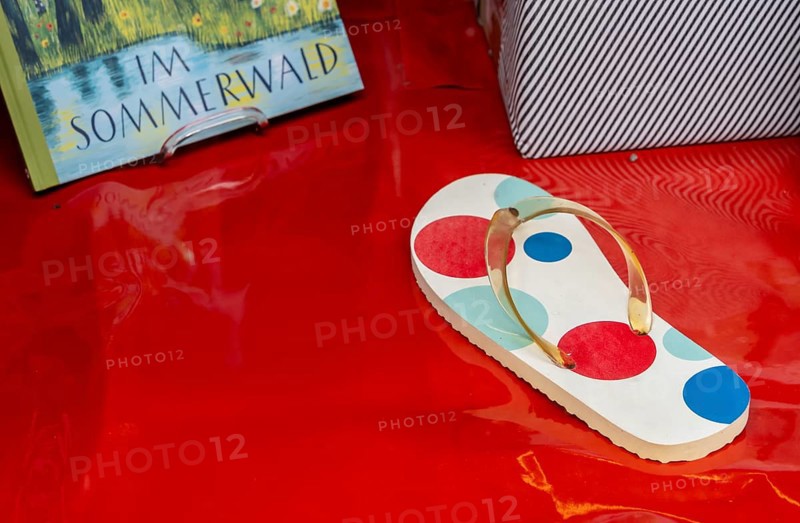 Summer flip flop is in the window display of a bookstore, Frankfurt am Main, Hesse, Germany