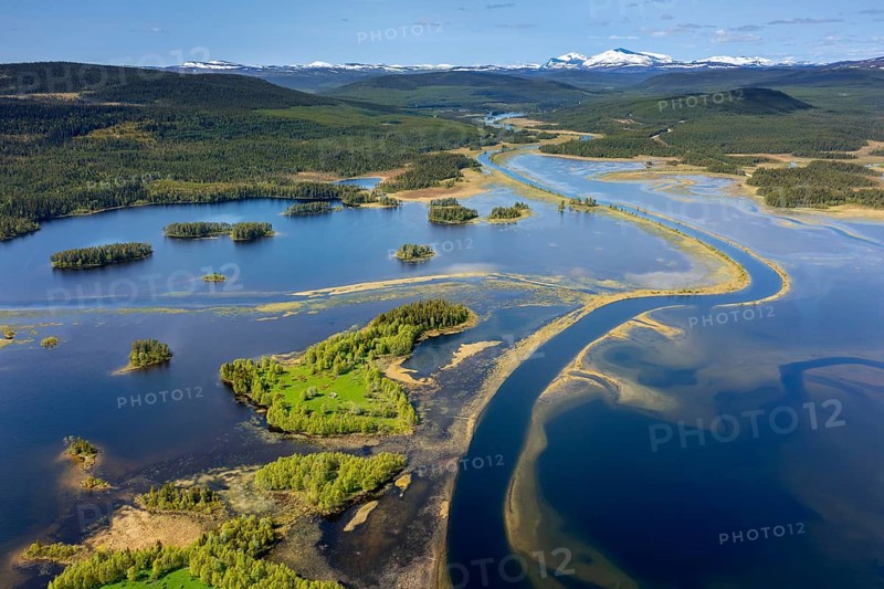Aerial view over Storsjön in summer, lake near Storsjö in the Berg municipality at Härjedalen and part of the Ljungan main drainage basin, Sweden