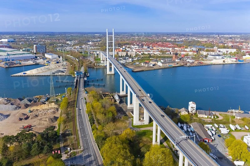 Aerial view over New Rügen Bridge and the old drawbridge at Stralsund along the Strelasund, sound of the Baltic Sea, Mecklenburg-Vorpommern, Germany