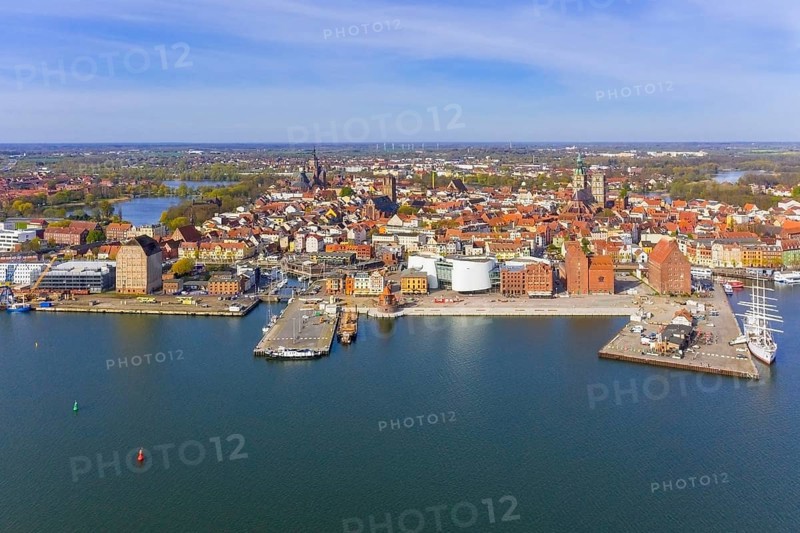 Aerial view over the harbour, port of Stralsund along the Strelasund, sound of the Baltic Sea, Mecklenburg-Western Pomerania, Germany