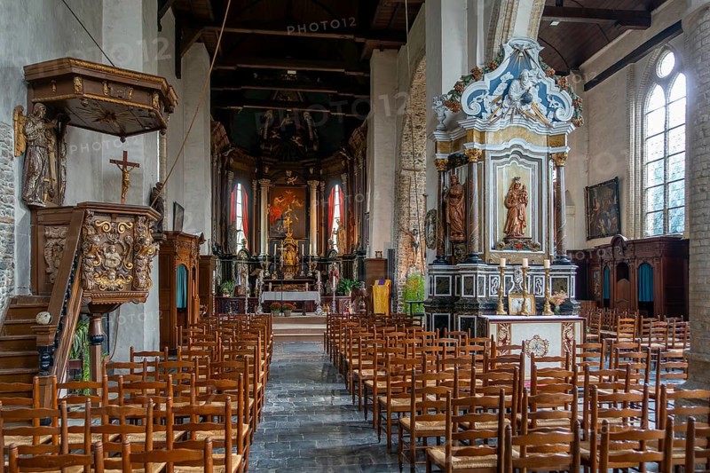 12th century Church of Our Lady, Onze-Lieve-Vrouwekerk interior in the village Wulveringem in autumn, fall, Veurne, West Flanders, Belgium