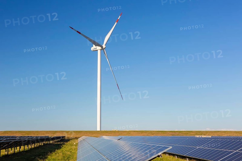 Hybrid power plant combing solar photovoltaic modules and wind turbines, North Frisia, Schleswig-Holstein, Germany