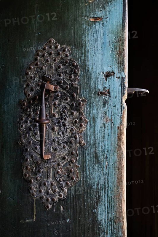 Wrought iron door lock with handle, Maihaugen open-air museum with houses and objects from farms in Gudbrandsdal, Lillehammer am Mjøsa Lake, Innlandet Municipality, Norway