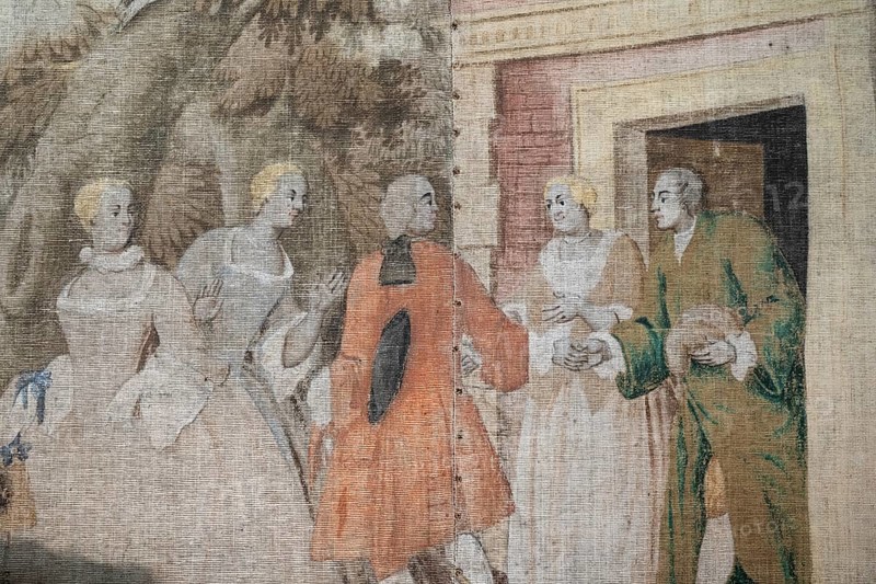 Scene from the life of the upper class, wallpaper, painted on burlap, imitating French style tapestry, Baroque rectory of Vågå, Maihaugen open-air museum with houses and objects from farms in Gudbrandsdal, Lillehammer am Mjøsa Lake, Innlandet Municipality, Norway