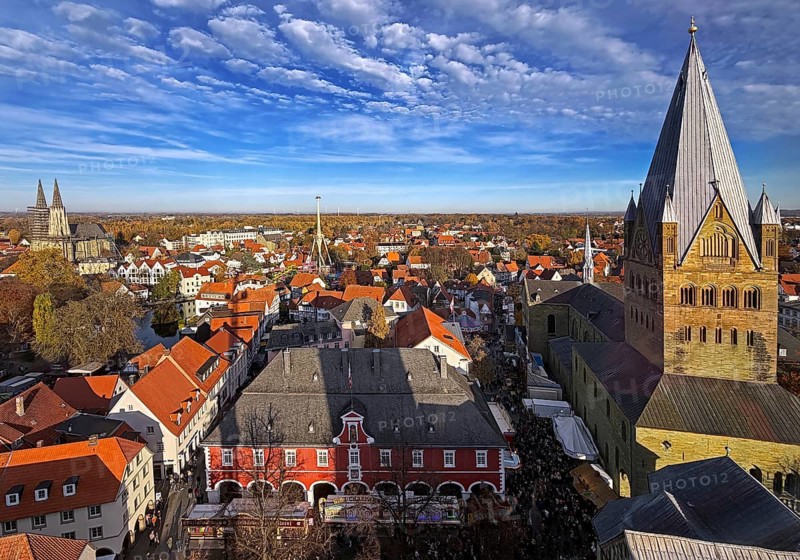 View from above from the Look mobile Skylift 360 degree panorama of St. Patrokli Cathedral and the old town of Soest, North Rhine-Westphalia, Germany