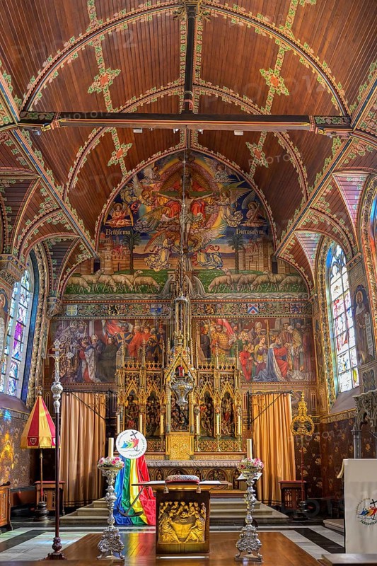 Holy Blood chapel, Central nave with Stained-glass window, Bruges, Belgium