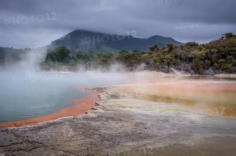 The champagne pool in the Waiotapu geothermal area (Wai-O-Tapu) . orange and yellow. Waiotapu, Waikato, North Island, New Zealand