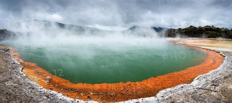 The champagne pool in the Waiotapu geothermal area (Wai-O-Tapu) . panoramic. Waiotapu, Waikato, North Island, New Zealand
