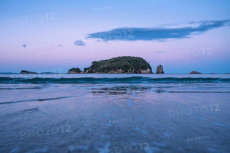 Landscape with sea, rocks and sandy beach in New Zealand. Hahei Beach in the evening after sunset with Mahurangi Island (Goat Island), Hahei, Coromandel Peninsula, Waikato, New Zealand