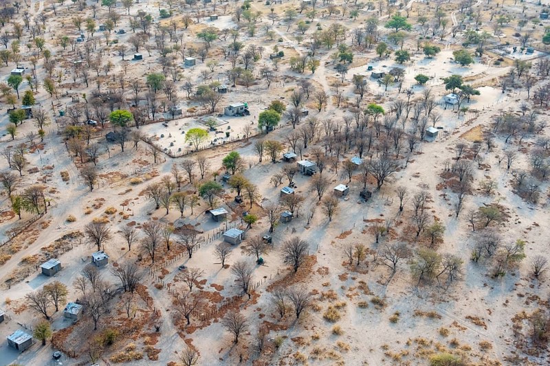 Settlement, simple house and fence, dry savanna landscape, near Maun, aerial view, Okavango Delta, Botswana