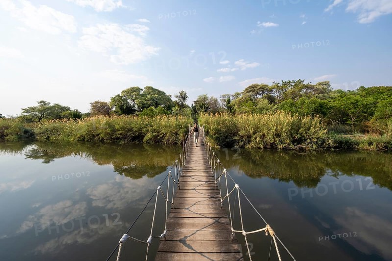Toruist on the Kavango River, suspension bridge at Camp Kwando, Zambezi region, Caprivi Strip, Namibia