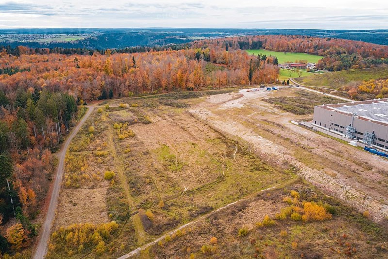 Extensive meadows and autumn forest on a country road, peaceful landscape, new Lindenrain industrial park, Calw, Black Forest, Germany