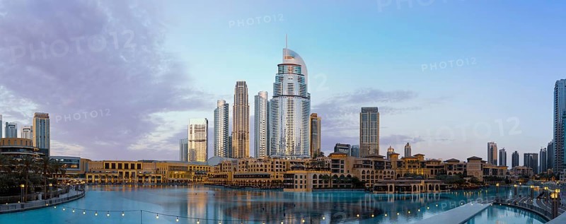 UAE, Dubai panoramic view of city downtown, Dubai Mall and Dubai Fountain