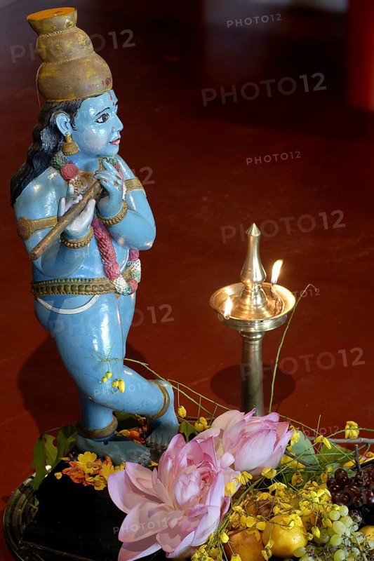 Sculpture of shepherd god Krishna playing his flute, fruits and vegetables lying on the ground, burning oil lamp, Thanksgiving, Heritage Hotel Privacy, Lake Vembanad, Kerala, India