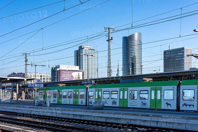 The skyline of the city center of Dortmund, seen from the main train station, S-Bahn, North Rhine-Westphalia, Germany