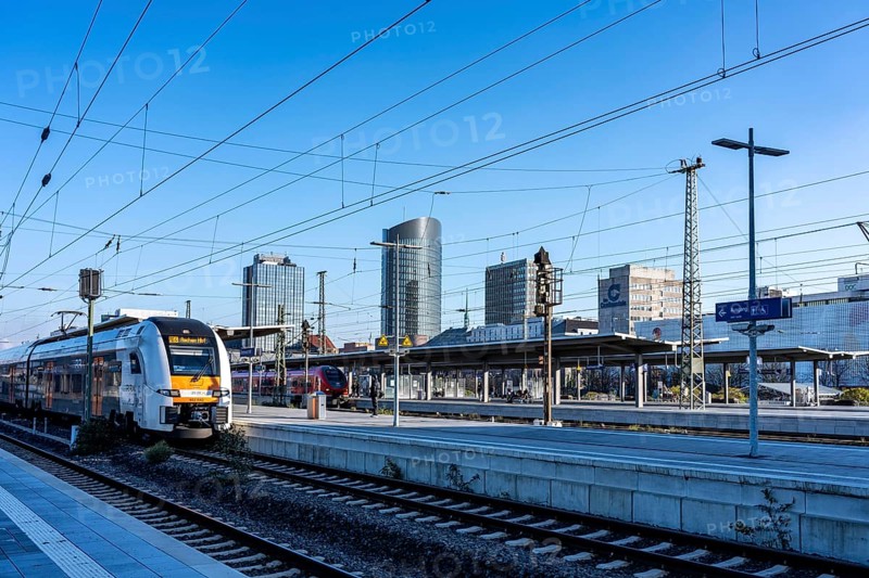 The skyline of the city center of Dortmund as seen from the main train station, Rhine-Ruhr Express, RRX Zug, RE4, North Rhine-Westphalia, Germany